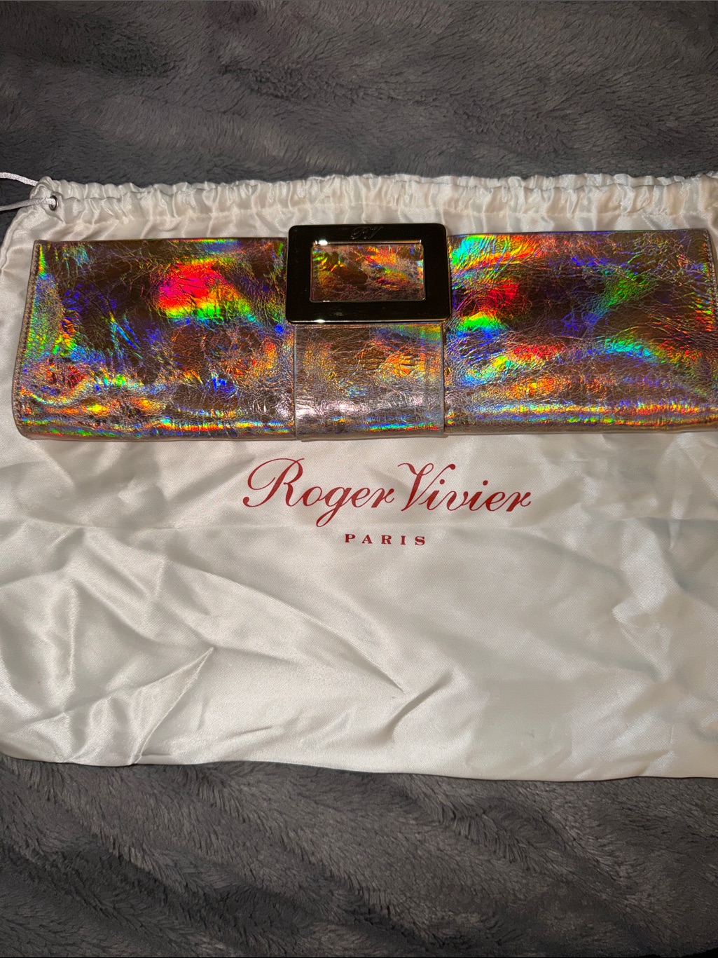 Preloved Roger Vivier Leather Iridescent Hologram Buckle Clutch With Dust Bag